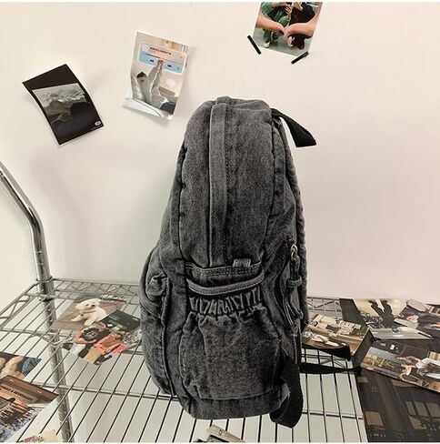 Vintage Denim Backpack Women Men - Cute Y2k Jeans Bookbag Preppy Fashion Travel Retro Rucksack Daypack Shoulder Bag (black) in Saudi Arabia