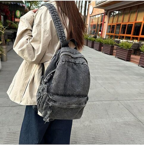 Vintage Denim Backpack Women Men - Cute Y2k Jeans Bookbag Preppy Fashion Travel Retro Rucksack Daypack Shoulder Bag (black) in Saudi Arabia