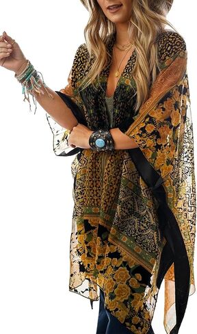 BohemyanRace Women's Coverups Burnt-Out Velvet Cardigan Casual Outfit Long Cover Up Velvet Kimono in Saudi Arabia