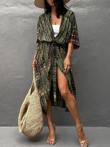 موس روز نساء الصيف كافيان كيمونو كارديجان مفتوحة فرون ملابس السباحة Kaftan Maxi Beach ملابس مع حزام in Kuwait