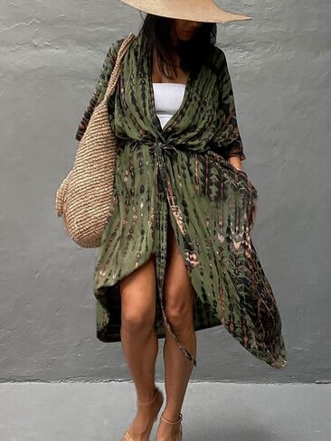 موس روز نساء الصيف كافيان كيمونو كارديجان مفتوحة فرون ملابس السباحة Kaftan Maxi Beach ملابس مع حزام in Kuwait