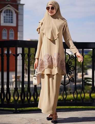 Odizli للسيدات الإسلامية المكونة من ثلاث قطع من الدانتيل طويل الأكمام أعلى Abaya وتنورة الكشكش مع الحجاب الإسلامي دبي Kaftan in Saudi Arabia