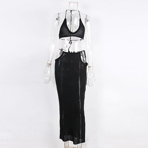 Women's Sexy Backless Slim 2 Piece Swimsuit Beach Bikini Dress Knitted Hollow Out Cover Up Set in Saudi Arabia
