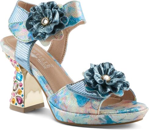 SPRING STEP L'Artiste Women's Smashing Leather Sandals - زهور مزخرفة فاخرة ، كعب جوهرة منحوت ، أحذية فن يمكن ارتداؤها in Saudi Arabia