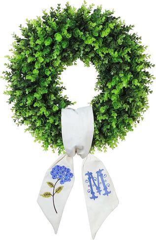 Boxwood Wreaths for Front Door Spring Summer Wreaths Farmhouse Door Hanger,Last Name Year Round Porch Decor, 20 inch Wreath with Personalized Monagram sash Embroidered -20 inch (D) in Kuwait