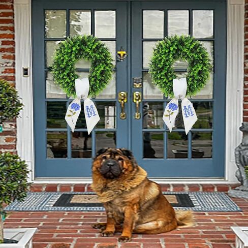 Boxwood Wreaths for Front Door Spring Summer Wreaths Farmhouse Door Hanger,Last Name Year Round Porch Decor, 20 inch Wreath with Personalized Monagram sash Embroidered -20 inch (D) in Kuwait