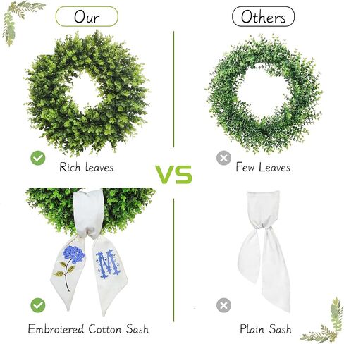 Boxwood Wreaths for Front Door Spring Summer Wreaths Farmhouse Door Hanger,Last Name Year Round Porch Decor, 20 inch Wreath with Personalized Monagram sash Embroidered -20 inch (D) in Kuwait
