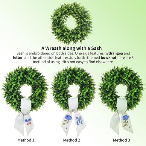 Boxwood Wreaths for Front Door Spring Summer Wreaths Farmhouse Door Hanger,Last Name Year Round Porch Decor, 20 inch Wreath with Personalized Monagram sash Embroidered -20 inch (D) in Kuwait