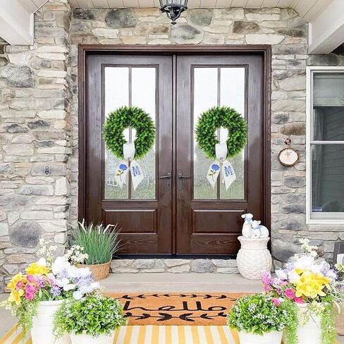 Boxwood Wreaths for Front Door Spring Summer Wreaths Farmhouse Door Hanger,Last Name Year Round Porch Decor, 20 inch Wreath with Personalized Monagram sash Embroidered -20 inch (D) in Kuwait