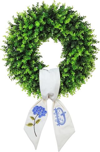 Boxwood Wreaths for Front Door Spring Summer Wreaths Farmhouse Door Hanger,Last Name Year Round Porch Decor, 20 inch Wreath with Personalized Monagram sash Embroidered -20 inch (D) in Kuwait