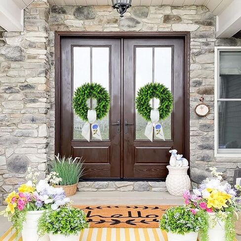 Boxwood Wreaths for Front Door Spring Summer Wreaths Farmhouse Door Hanger,Last Name Year Round Porch Decor, 20 inch Wreath with Personalized Monagram sash Embroidered -20 inch (D) in Kuwait