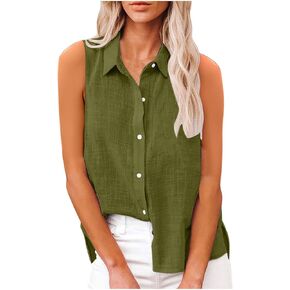 قمصان الكتان القطن للنساء بلا أكمام قمم بزر كبيرة الحجم أعلى بلوزات عمل قمصان الصيف غير الرسمية in Kuwait