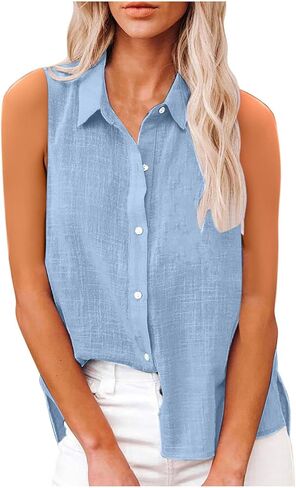 Cotton Linen Shirts for Women Sleeveless Collared Tops Oversized Button Up Blouses Work Shirts Casual Summer Tshirt in Kuwait