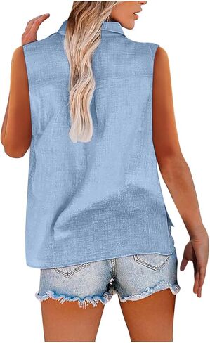 Cotton Linen Shirts for Women Sleeveless Collared Tops Oversized Button Up Blouses Work Shirts Casual Summer Tshirt in Kuwait
