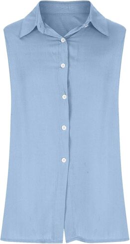 Cotton Linen Shirts for Women Sleeveless Collared Tops Oversized Button Up Blouses Work Shirts Casual Summer Tshirt in Kuwait