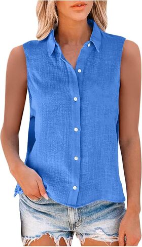 Cotton Linen Shirts for Women Sleeveless Collared Tops Oversized Button Up Blouses Work Shirts Casual Summer Tshirt in Kuwait