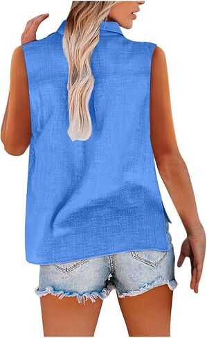 Cotton Linen Shirts for Women Sleeveless Collared Tops Oversized Button Up Blouses Work Shirts Casual Summer Tshirt in Kuwait