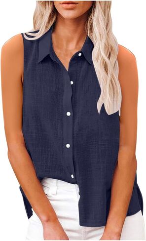 Cotton Linen Shirts for Women Sleeveless Collared Tops Oversized Button Up Blouses Work Shirts Casual Summer Tshirt in Kuwait