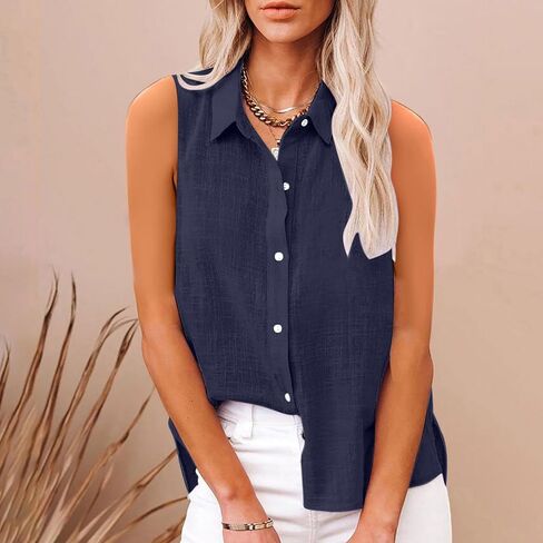 Cotton Linen Shirts for Women Sleeveless Collared Tops Oversized Button Up Blouses Work Shirts Casual Summer Tshirt in Kuwait