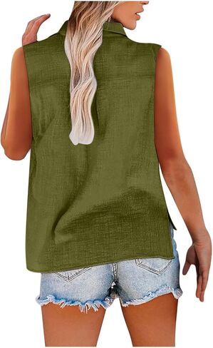 قمصان الكتان القطن للنساء بلا أكمام قمم بزر كبيرة الحجم أعلى بلوزات عمل قمصان الصيف غير الرسمية in Kuwait