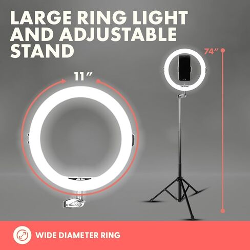 SQUATZ 11 بوصة LED 12 وات ضوء حلقة سيلفي مع تحكم سلكي، 3 أوضاع ألوان، 10 مستويات سطوع، حامل ثلاثي القوائم مع 6 أقسام، حامل هاتف، مستويات سطوع قابلة للتعديل للمؤثرين، يوتيوب، تيك توك in Saudi Arabia