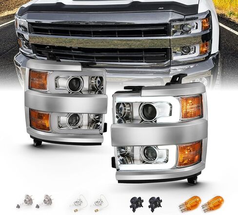 Amerilite لعام 2015-2019 Chevy Silverado 2500HD 3500HD Truck Truck Chrome Quad Projector مصابيح أمامية مع مجموعة استبدال أنبوب LED مزدوجة - Side Prastenger and Driver Side in Saudi Arabia