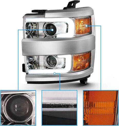 Amerilite لعام 2015-2019 Chevy Silverado 2500HD 3500HD Truck Truck Chrome Quad Projector مصابيح أمامية مع مجموعة استبدال أنبوب LED مزدوجة - Side Prastenger and Driver Side in Saudi Arabia