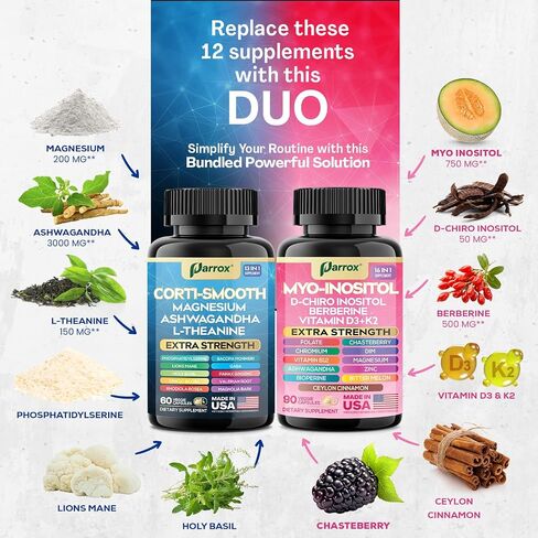 Cortisol & Myo-Inositol Supplement Bundle, Soothe & Smooth Bundle, 13-in-1 Cortisol Balance, Magnesium, Ashwagandha, L-Theanine, D-Chiro Inositol, Folate, Berberine, Chasteberry (150 Capsules) in Saudi Arabia