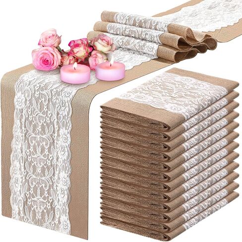Chumia 12 Pcs Burlap Lace Table Runner 12" x 72" Bulk Jute Lace on Burlap Runners Rustic Farmhouse Hessian Table Cloth for Western Country Wedding Reception Engagement Birthday Party Table Table Decor in Saudi Arabia