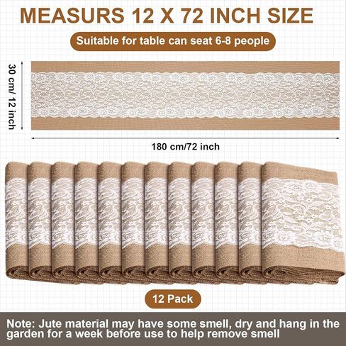 Chumia 12 Pcs Burlap Lace Table Runner 12" x 72" Bulk Jute Lace on Burlap Runners Rustic Farmhouse Hessian Table Cloth for Western Country Wedding Reception Engagement Birthday Party Table Table Decor in Saudi Arabia