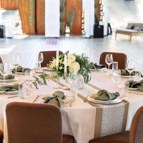 Chumia 12 Pcs Burlap Lace Table Runner 12" x 72" Bulk Jute Lace on Burlap Runners Rustic Farmhouse Hessian Table Cloth for Western Country Wedding Reception Engagement Birthday Party Table Table Decor in Saudi Arabia