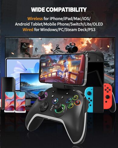 Bcofo Bluetooth Wireless Mobile Gaming Controller for PC/iPhone/Android/Switch/Laptop/Steam, Programmable Game Gamepad with Phone Clip for Gamer, with RGB Lighting Effect/Turbo/Vibration/6-Axis Gyro in Kuwait