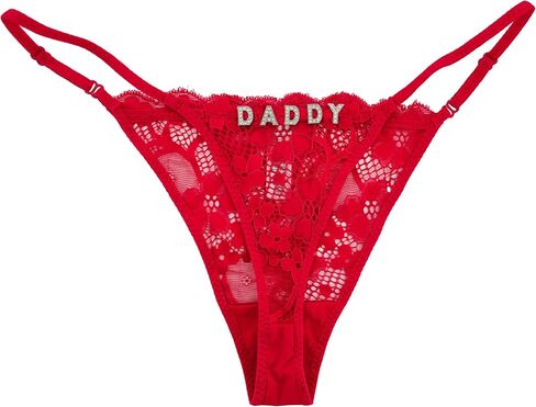 Custom Thong Ruffled T-Back G-String Women's Personalized Lace Underwear with Hand-Sewn Rhinestone Text in Saudi Arabia