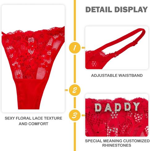 Custom Thong Ruffled T-Back G-String Women's Personalized Lace Underwear with Hand-Sewn Rhinestone Text in Saudi Arabia