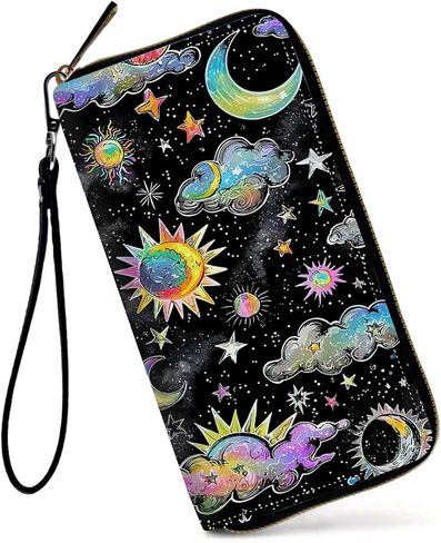 Womens Wallet, Large Capacity RFID Blocking PU Leather Wristlet Wallets for Women Ladies Men Credit Card Holder Zipper Wallet Phone Holder Clutch Travel Purse, Art Moon Sun Star in Kuwait