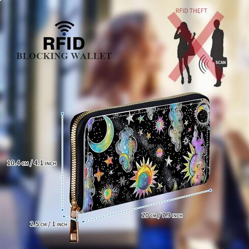 Womens Wallet, Large Capacity RFID Blocking PU Leather Wristlet Wallets for Women Ladies Men Credit Card Holder Zipper Wallet Phone Holder Clutch Travel Purse, Art Moon Sun Star in Kuwait