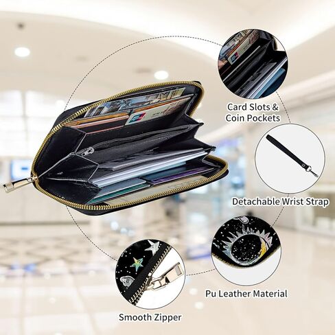Womens Wallet, Large Capacity RFID Blocking PU Leather Wristlet Wallets for Women Ladies Men Credit Card Holder Zipper Wallet Phone Holder Clutch Travel Purse, Art Moon Sun Star in Kuwait