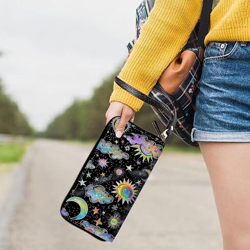 Womens Wallet, Large Capacity RFID Blocking PU Leather Wristlet Wallets for Women Ladies Men Credit Card Holder Zipper Wallet Phone Holder Clutch Travel Purse, Art Moon Sun Star in Kuwait