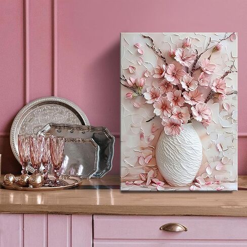 Pink Floral Canvas Wall Art sakura Flowers Botanical painting Decor Pictures Cherry blossoms Posters Prints for Living Room Classroom Bedroom office corridor bathroom Decoration in Saudi Arabia
