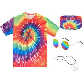 مجموعة أزياء هيبي مكونة من 4 قطع، تي شيرت ملون، قلادة بعلامة السلام، عصابة رأس، نظارات شمسية للحفلات التنكرية للهالوين in Kuwait