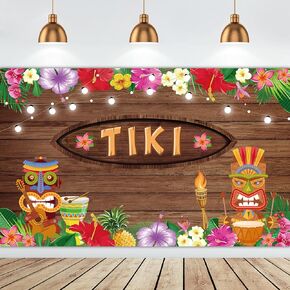 Tiki Banner Summer Backdrop Photography Background Luau Party Decoration for Tropical Hawaiian Rustic Wooden Floral Birthday Baby Shower Musical Party Supplies Photo Booth Props