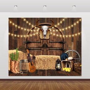 Western Cowboy Backdrop 20x10ft Wild West Rodeo Saloon Barn Door Rustic Wooden House Country Fall Farm Warehouse Barnyard Photography Background Birthday Party Banner Photoshoot Decorations Supplies