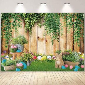 7x5FT Easter Spring Wooden Wall Backdrop Green Grass Bunny Rabbit Eggs Decor for Kids Baby Shower Birthday Party Decor Photography Portrait Studio Booth Props Background