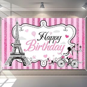 Paris Happy Birthday Backdrop Eiffel Tower Photography Background Paris Party Decorations Sweet Pink Stripes Girl Birthday Party Supplies Party in Paris Dessert Table Decorations,