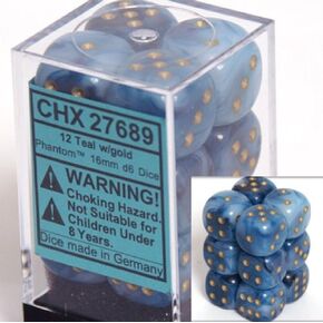 Chessex Dice d6 Sets: Phantom Teal with Gold - 16mm Six Sided Die (12) Block of Dice