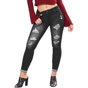 Women Distressed Stretch Jeans Drawstring Elastic Waist Denim Pants