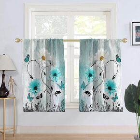 AAtter Teal Floral Window Curtains for Kitchen Turquoise Aqua Flower Rustic White Daisy Butterfly Small Short Home Living Room Bedroom Bathroom Drapes Treatment Fabric 1 Pair, 27.5" W x 45" L, Country