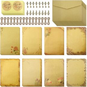 96pcs Vintage Paper and Envelopes, Retro Kraft Writing Stationery Paper and Envelopes, Include Antique 32 Papers, 16 Envelopes, 16 Ropes, 16 Pendants, 16 Stickers