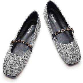 Mary Jane Flats;Square Toe Metal Chain Flats;Tweed Fabric Delicate and Elegant Women Shoes