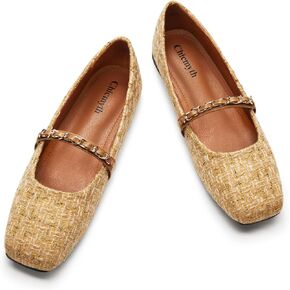 Mary Jane Flats;Square Toe Metal Chain Flats;Tweed Fabric Delicate and Elegant Women Shoes